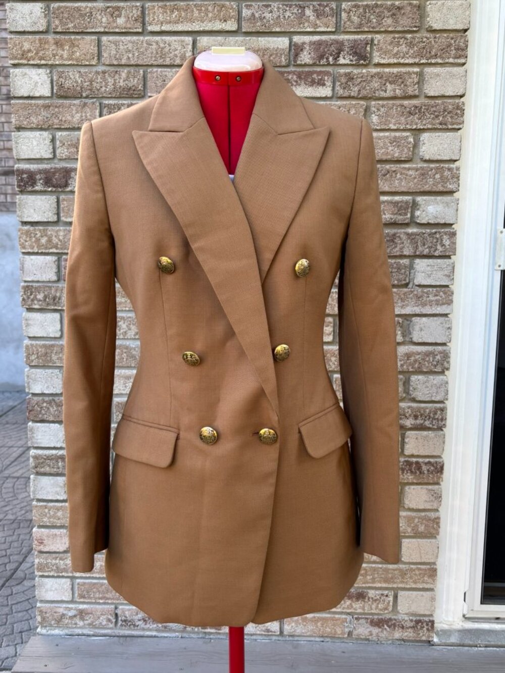 BR Camel Wool Blend Double Breasted Blazer Gold Crest Buttons Size 10